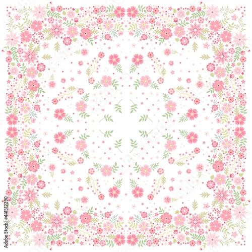 Square silk neck scarf with floral ornament from pink flowers on white background. Bandana print.