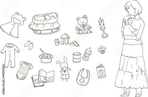赤ちゃんを抱く女性とベビー用品のイラストセット