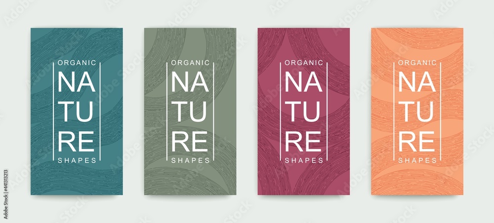 Set of covers with pattern of organic lines and shapes. Natural hand painted linear design. Minimalistic trendy style. Vector graphics - obrazy, fototapety, plakaty 