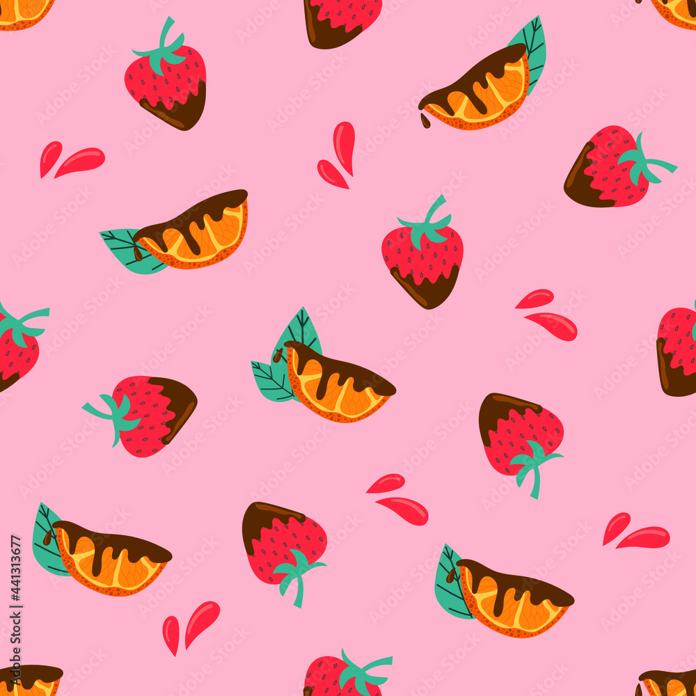 Seamless pattern of orange slice and strawberry in chocolate on pink background. Seamless pattern of orange slice and strawberry in chocolate on pink background.
