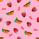 Seamless pattern of orange slice and strawberry in chocolate on pink background.