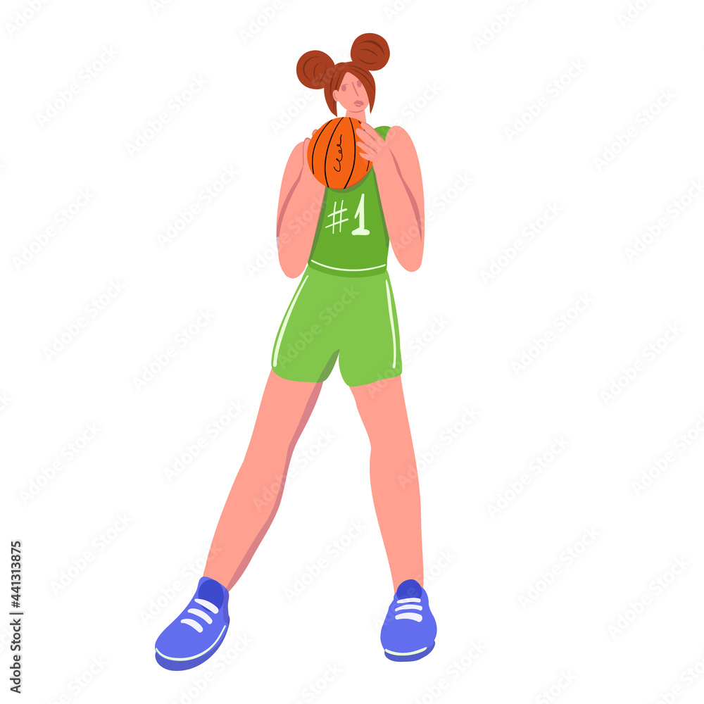 Woman with basketball ball character. Basketball player. Flat design vector Woman with basketball ball character. Basketball player. Flat design vector