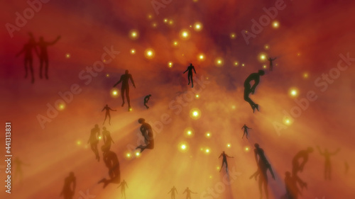People floating, rising into space , heavens. Astral plane. Silhouettes of many people ascending to stars.Men , women rise into sky. Afterlife plane of existence .  3d render illustration photo