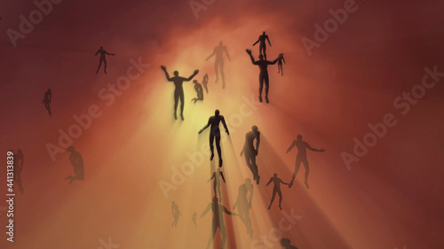 People floating, rising into space , heavens. Astral plane. Silhouettes of many people ascending to stars. Men , women rise into sky. Afterlife plane of existence .  3d render illustration