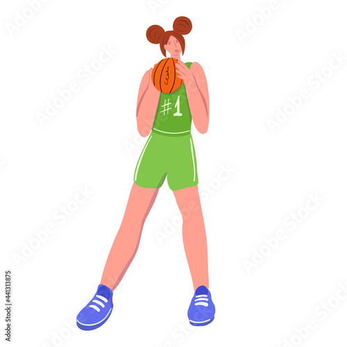 Woman with basketball ball character. Basketball player. Flat design vector