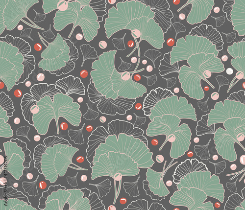 Printable seamless repeat pattern with ginkgo biloba leaves, nuts, and dark gray color background. photo