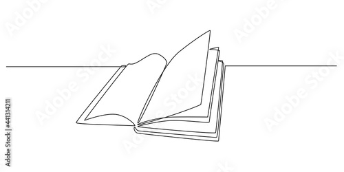Continuous one line drawing Opened book with pages. Education study and knowledge library concept and back to school theme. Vector illustration