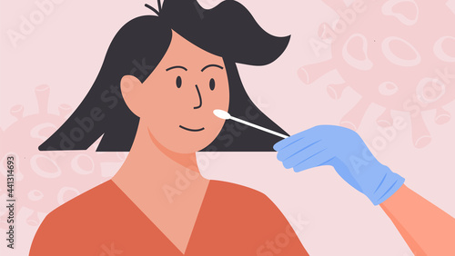 A doctor or nurse in latex gloves takes nasal swab test. Covid-19 PCR test. Woman doing Coronavirus testing in Clinic. Vector Illustration in flat style.