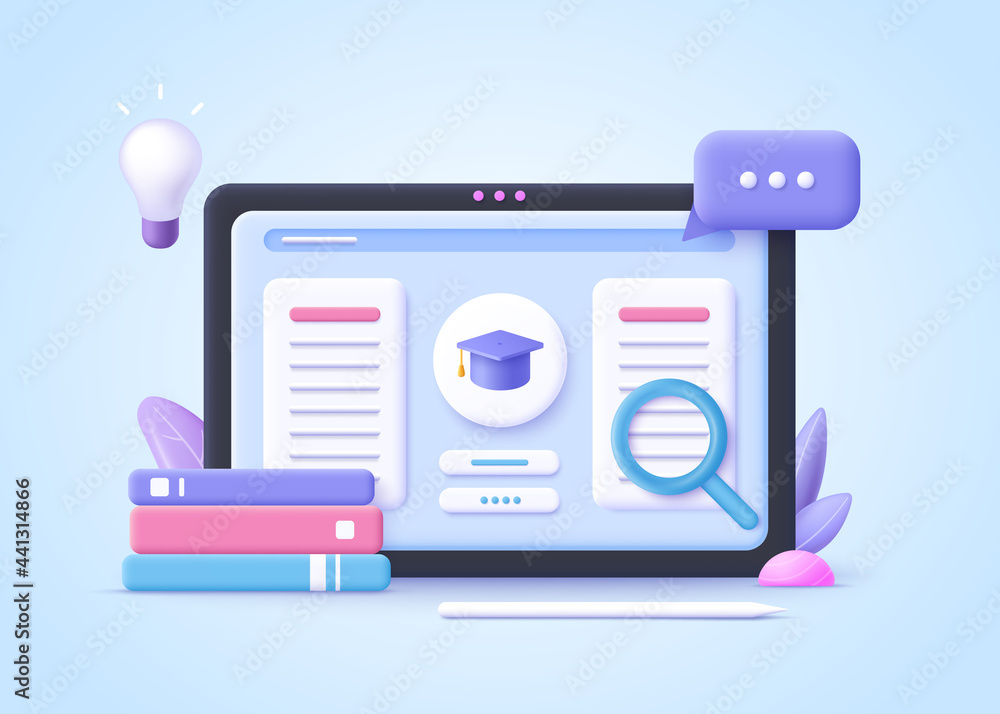 Concept of e-learning, online education at home.  3d realistic vector illustration. - obrazy, fototapety, plakaty 
