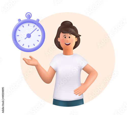 Young woman Jane standing, smiling, pointing to timer. Time set, timing, self organization, day planning, time management concept. 3d vector people character illustration.