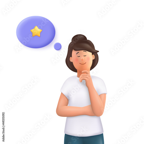 Young woman Jane thinking and dreaming. Mind behavior, mental mindset, imaginative thinking concept. 3d vector people character illustration.