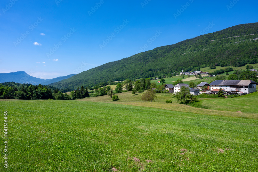 Paysage de montagne dans le massif des Bauges en Haute-Savoie dans les Alpes en France au printemps