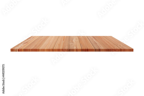 Perspective empty wooden table with white background including clipping path for product display montage or design layout.