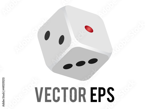 Vector six sided white game die icon, showing sides of 1, 2, 3