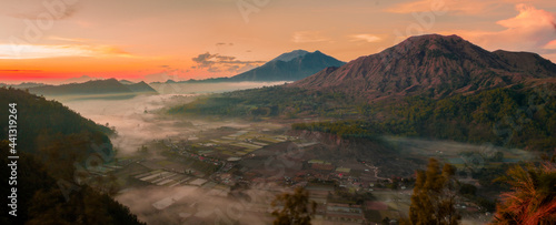 Beautiful view of mount Batur in the morning at sunrise