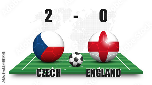Czech vs England . Soccer ball with national flag pattern on perspective football field . Dotted world map background . Football match result and scoreboard . Sport cup tournament . 3D vector design .