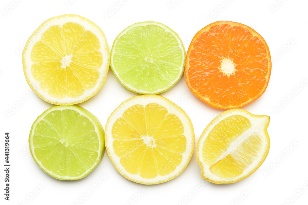 Healthy citrus fruit slices on white background