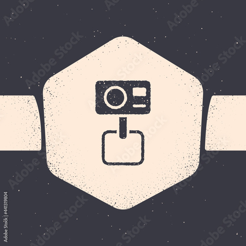 Grunge Action extreme camera icon isolated on grey background. Video camera equipment for filming extreme sports. Monochrome vintage drawing. Vector