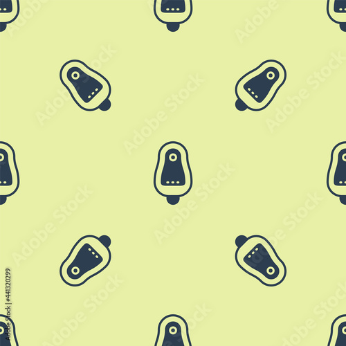 Blue Toilet urinal or pissoir icon isolated seamless pattern on yellow background. Urinal in male toilet. Washroom, lavatory, WC. Vector