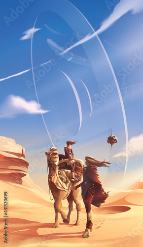 a family is traveling in a desert for their pilgrimage with a view on the background of a futuristic massive structure in the orbit.
