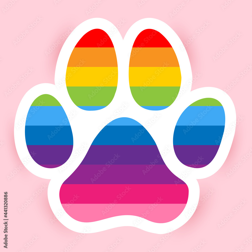 Dog paw with pride rainbow flag - Handwritten Vector paw shape silhuette. Good for logo, tattoo design, t shirt, gift, mug. Pet lovers.  - obrazy, fototapety, plakaty 