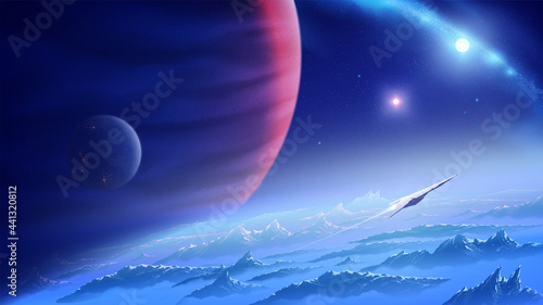 a spaceship is flying from an unknown planet in the universe with the background of a nebula and a giant gas planet