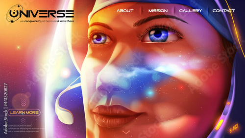 a female astronaut is looking further away with determination eyes with a reflection of the universe on her helmet visor.