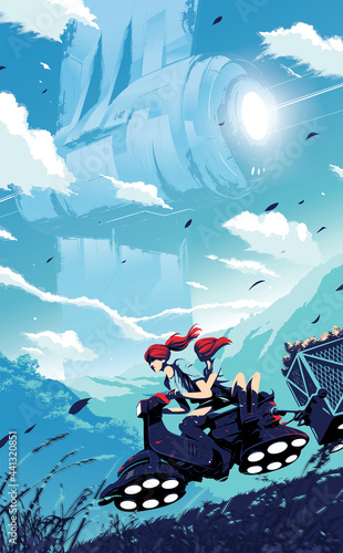 2 children are riding a hover scooter carrying their crops on the trailer back to home with the background of a futuristic massive structure in the sky.