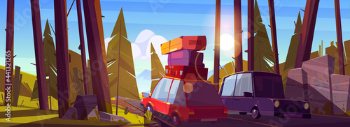 Car travel, road trip by automobile at summer vacation, auto with bags on roof drive forest highway with trees at day time. Family camping, holidays leisure, nature journey cartoon vector illustration