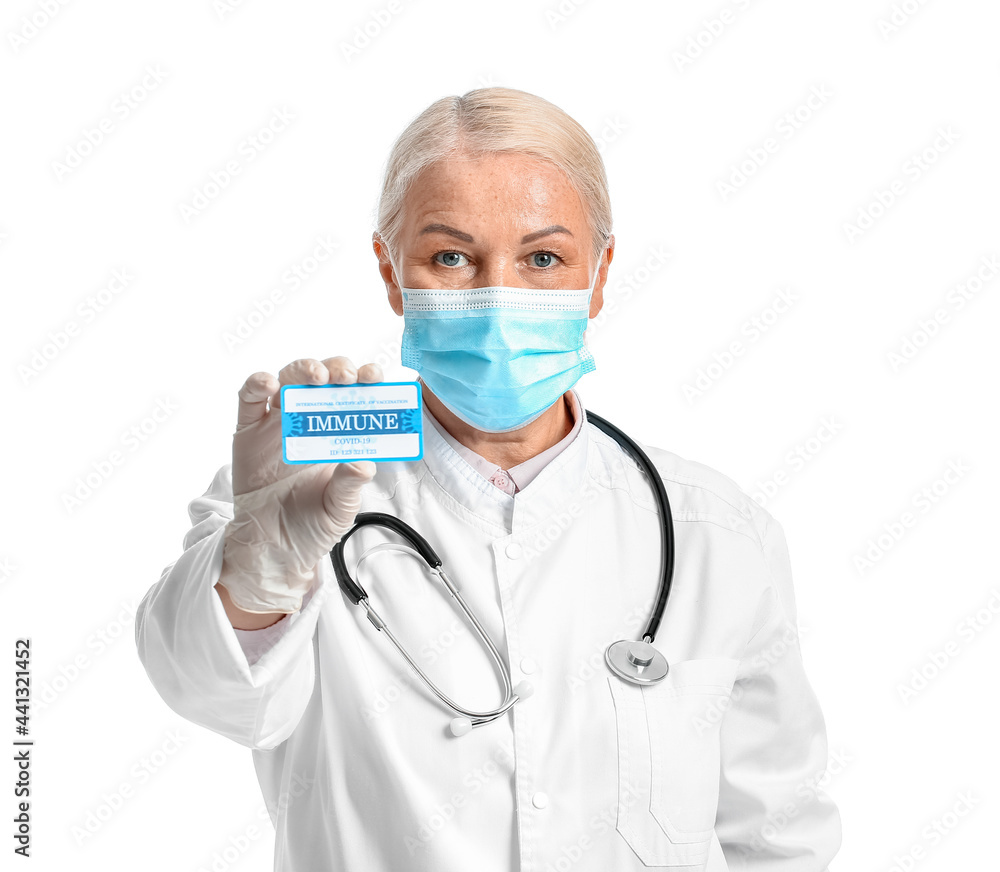 Doctor with vaccination card on white background Doctor with vaccination card on white background