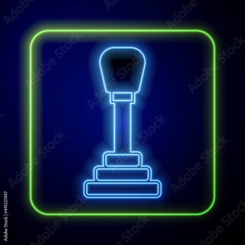 Glowing neon Gear shifter icon isolated on blue background. Manual transmission icon. Vector