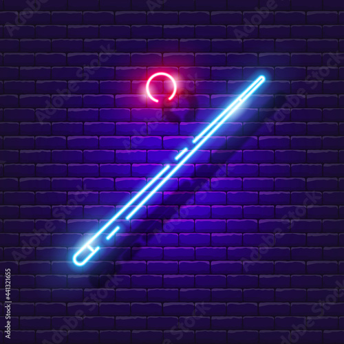 Billiard cue neon icon. Vector illustration for design. Sports concept. Signboard for pool club