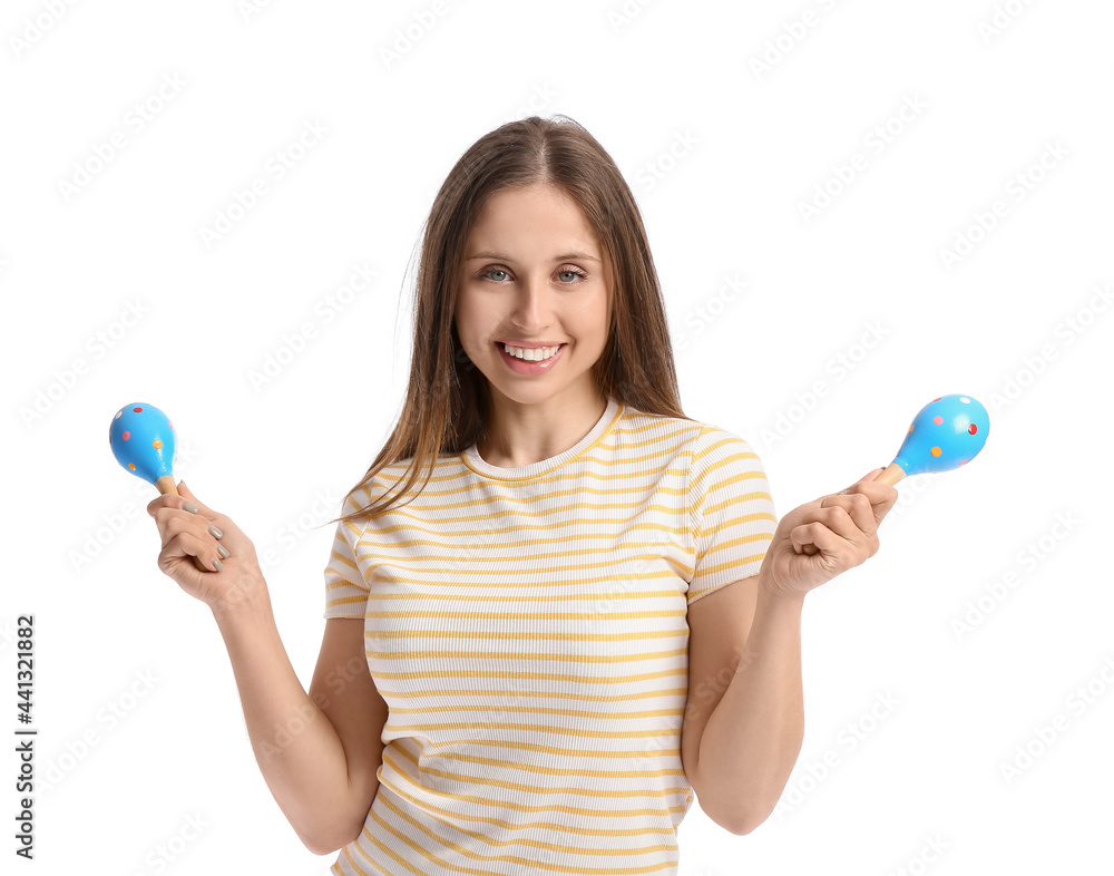 Happy young Mexican woman with maracas on white background Happy young Mexican woman with maracas on white background