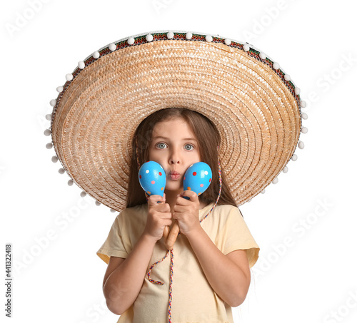 Cute Mexican girl in sombrero hat and with maracas on white background