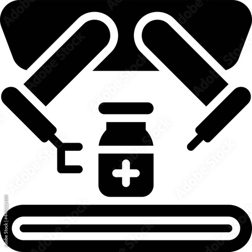 Vaccine bottle on factory belt icon, Vaccine Development related vector