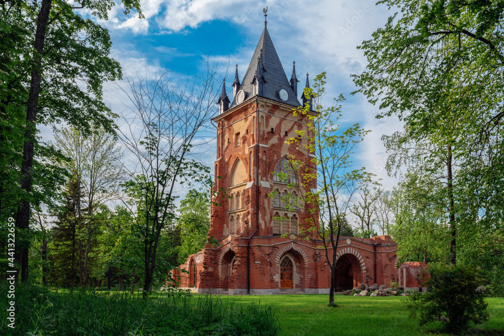 Chapelle Pavilion in Alexander Park of Tsarskoye Selo on a sunny spring day, Pushkin, Saint Petersburg, Russia