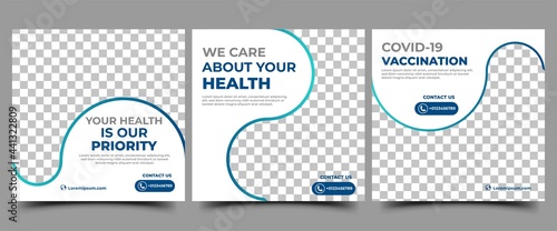 Medical social media post template. Set of promotional banners with a gradient blue frame. Vector design isolated.