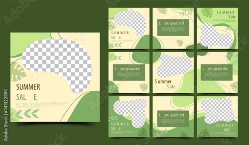 Abstract green social media post template design. Set of minimal banner with place for the photo and text. Usable for summer, fashion, food, and spa promotion. Vector design isolated