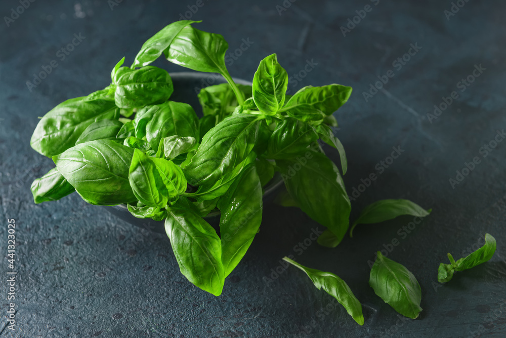 Bowl with fresh basil leaves on dark background Bowl with fresh basil leaves on dark background