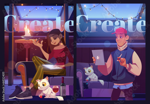 Create cartoon motivational posters. Young man and woman at home art place on attic writing or painting on tablet pc at night time. Thoughtful people creativity at dark mansard, vector illustration.