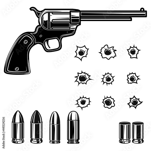Illustration of cowboy revolver, bullets, bullet holes. Design element for logo, label, sign, poster. Vector illustration