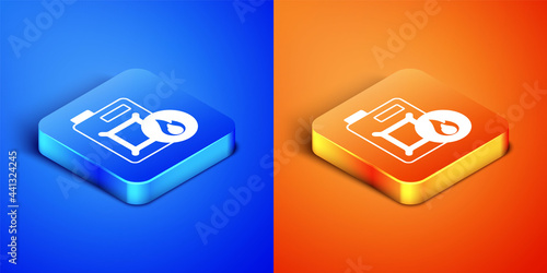 Isometric Canister for motor machine oil icon isolated on blue and orange background. Oil gallon. Oil change service and repair. Engine oil sign. Square button. Vector