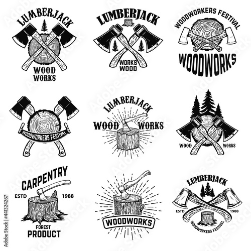 Set of crossed lumberjack axes on wooden stump background. Lumberjack wood works. Design element for logo, label, sign, poster. Vector illustration