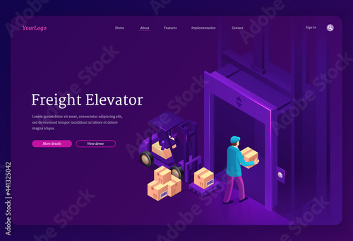 Freight elevator isometric landing page. Worker character with boxes on forklift loader and hands enter cargo lift. Man with parcel walk in open door in industrial center or mall, 3d vector web banner