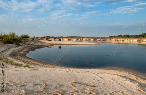 The white sands of the shoals at the turns of the big river. Oka River, Ryazan region, Russia.
