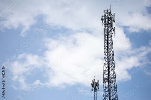transmitter atop a cell phone pole About to be upgraded from 4g to 5g. High-risk electrical engineer job in Thailand.