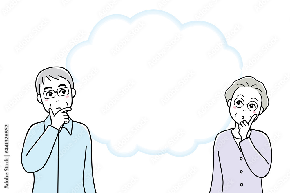 A senior couple thinking something, with a blank bubble
