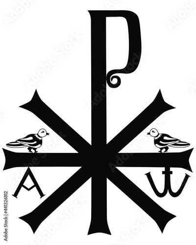 XP is the early Christian sign. Chi Ro , Chrism or Chrismon. Monogram of the name of  Jesus Christ. I am Alfa and Omega. Biblical lettering. Vector design. Isolated on white background.