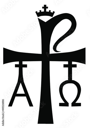 XP is the early Christian sign. Chi Ro , Chrism or Chrismon. Monogram of the name of  Jesus Christ. I am Alfa and Omega. Biblical lettering. Vector design. Isolated on white background.