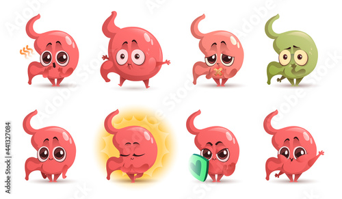 Cartoon stomach character, cute mascot with sword and shield, ulcer, stomachache, nausea and belching, Funny tummy swollen and hungry, relaxed meditating. Health care and medicine Vector icons set